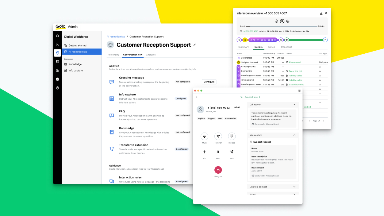 Bildschirm mit dem Dashboard des KI-Empfangsassistenten von GoTo Connect für die Automatisierung von Anrufen und Interaktionen im Kundenservice.