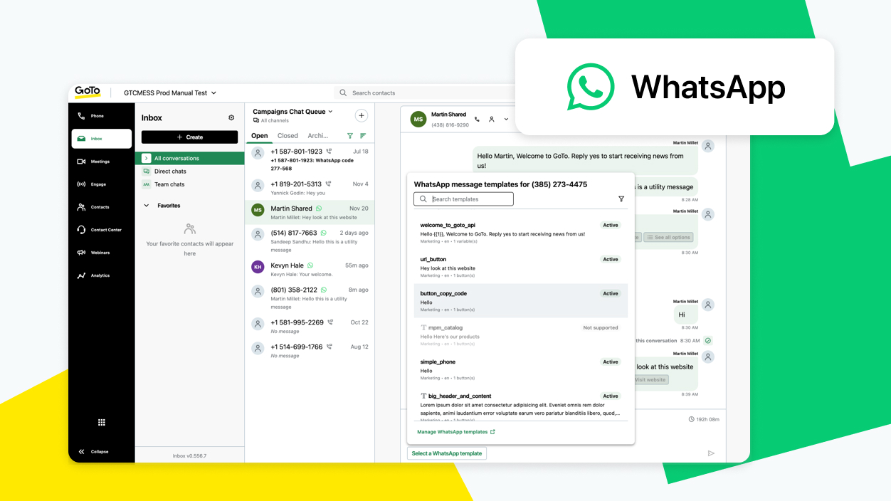 Screenshot der GoTo-Connect-Schnittstelle für ausgehende WhatsApp-Nachrichten für Kundengespräche.