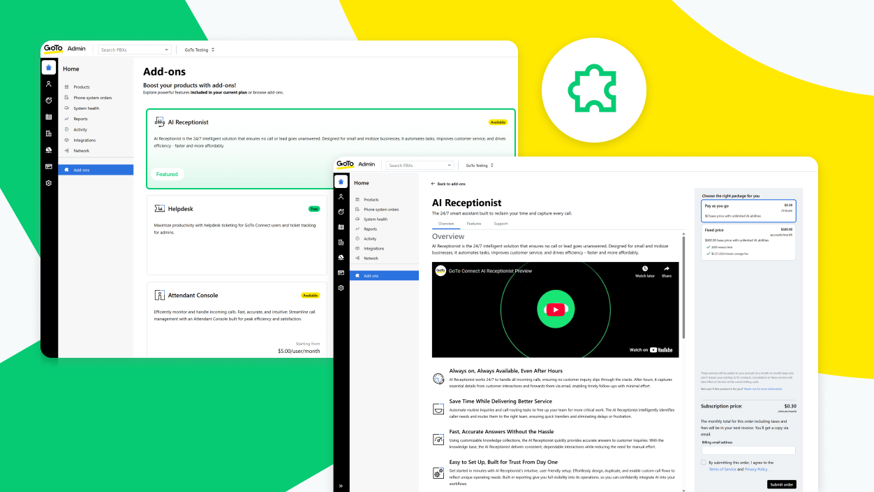 Oberfläche des Admin-Portals für das Self-Service-Portal von GoTo Connect mit Optionen für die Erkennung und den Kauf von Add-ons.