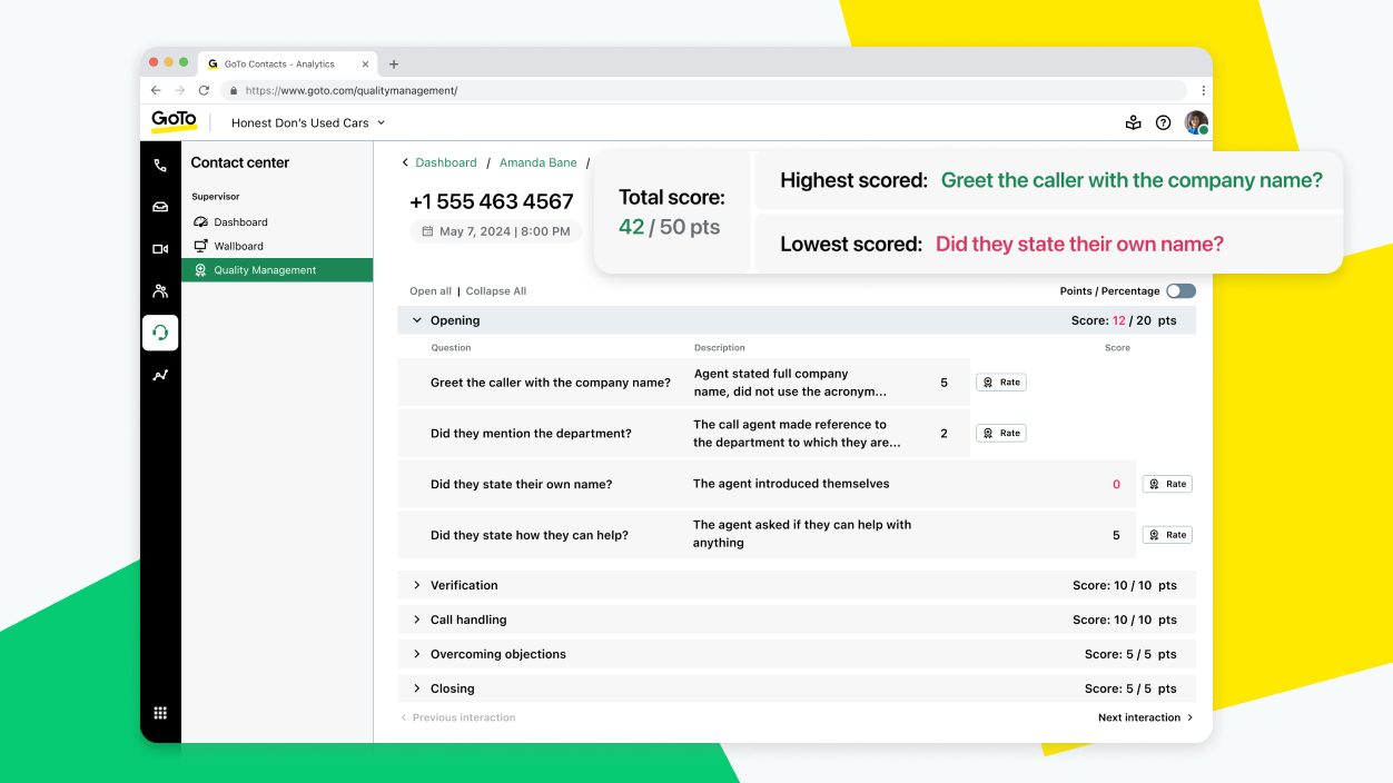 Dashboard von GoTo Connect Contact Center mit KI-gestütztem Qualitätsmanagement und Schulungsfunktionen.