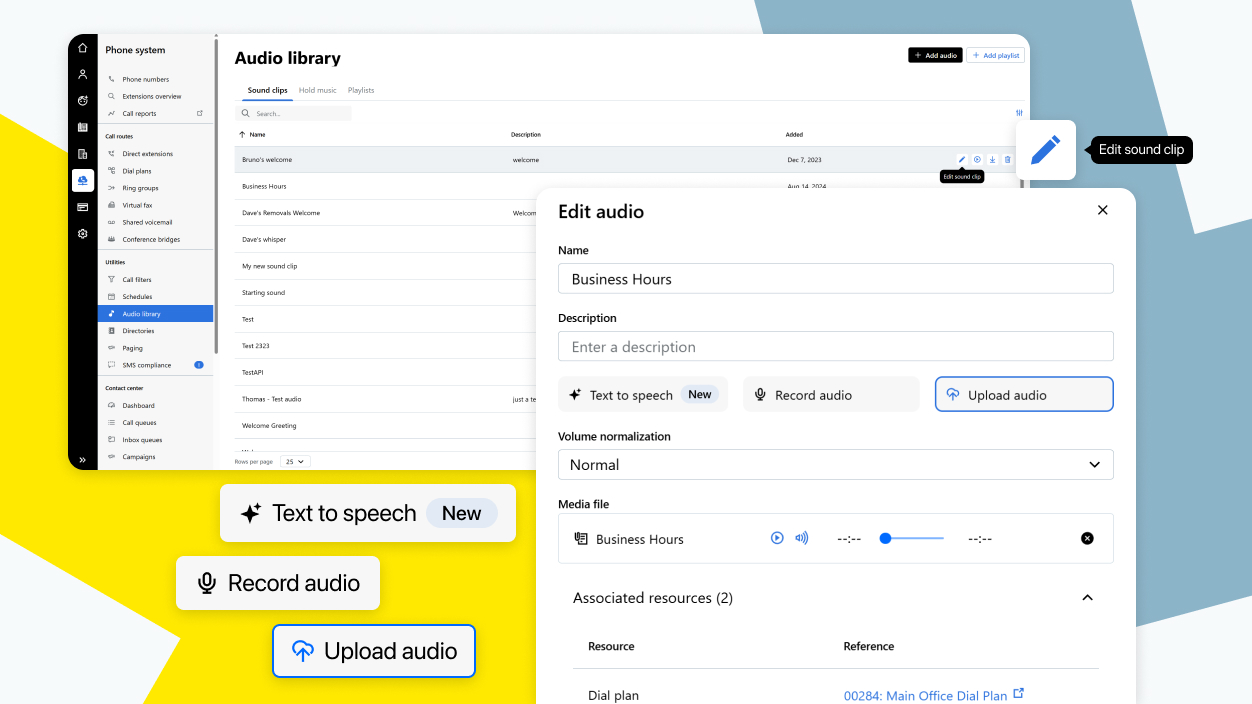 Bildschirm zur Bearbeitung von Soundclips in GoTo Connect mit Tools zur Verwaltung von Audiowellenformen und Dateien.
