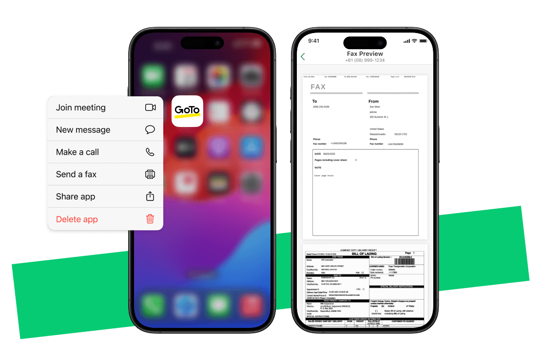 2 Mobilgeräte zur Präsentation der GoTo-Connect Cloud-Telefonanlagen-App, die Abläufe und virtuelles Faxen unterstützt und den Abschluss von Geschäften überall per Sprachanruf und Video ermöglicht.