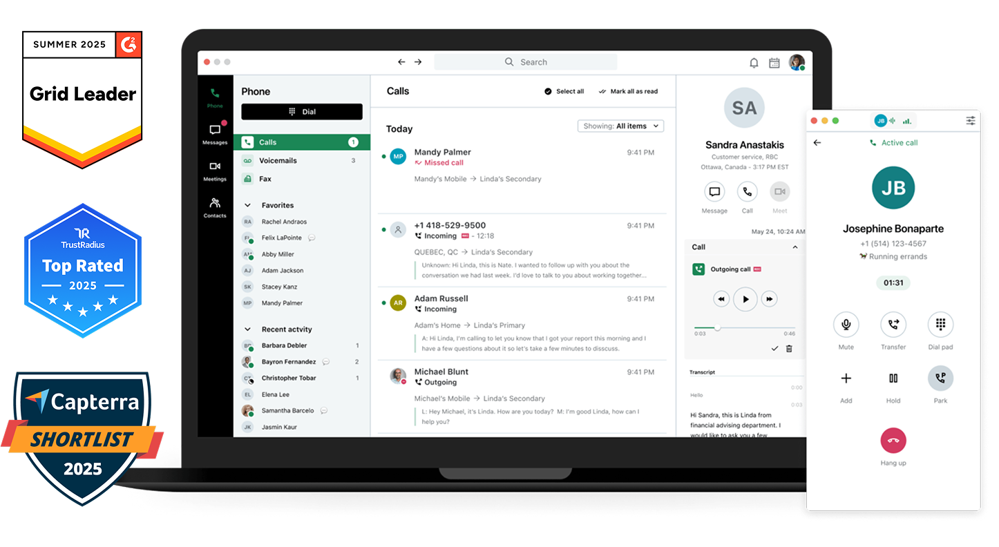 Bild des Contact-Center-Dashboards von GoTo Connect mit Badges für die Auszeichnungen G2 Leader Fall 2023, TrustRadius Best Value of Price of 2023 und Capterra Shortlist 2023