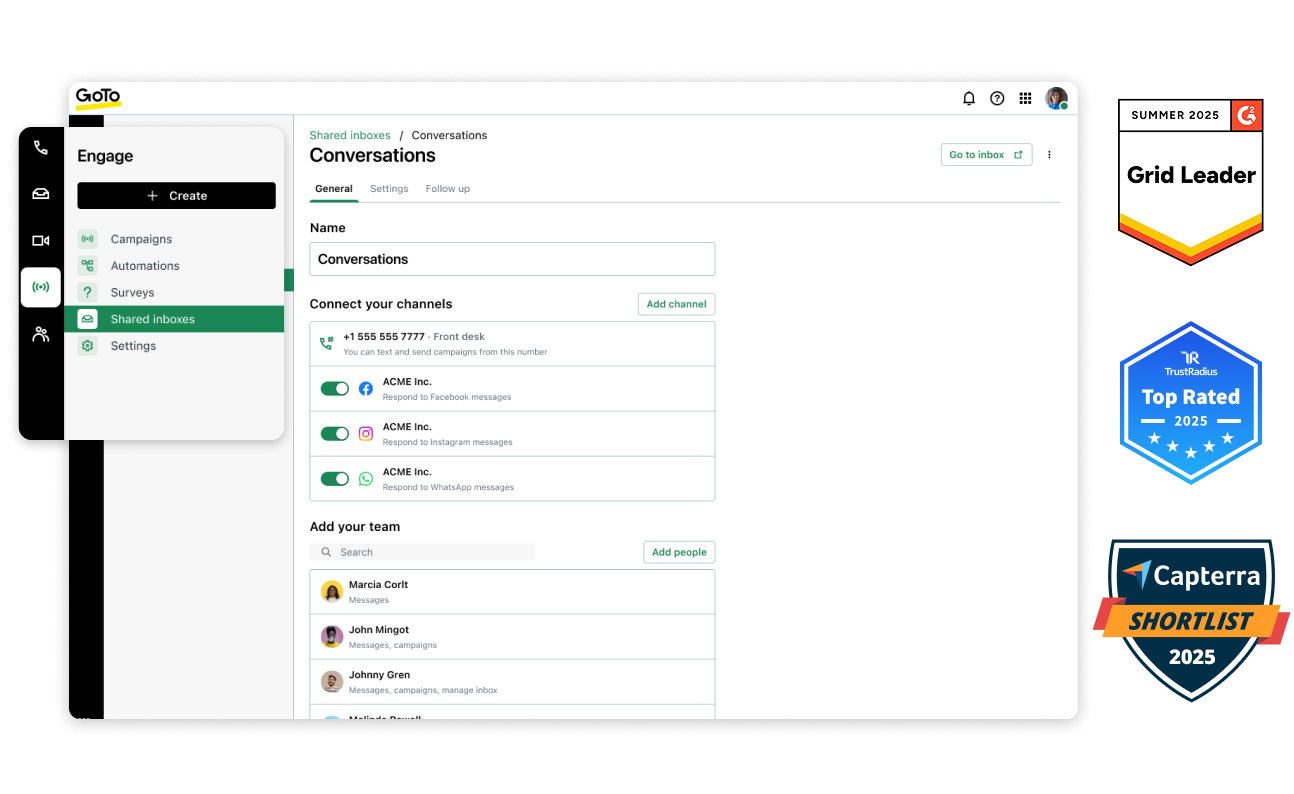 Bild des Contact-Center-Dashboards  von GoTo Connect mit Badges für die Auszeichnungen G2 Leader Fall 2023, TrustRadius Best Value of Price of 2023 und Capterra Shortlist 2023