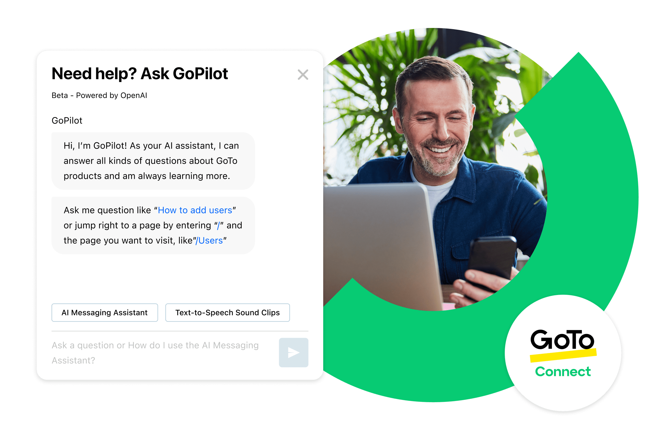 Collage lächelnder Männer, die Mobilgeräte oder Laptops verwenden und dabei die KI-gestützte Unterstützung erkunden.