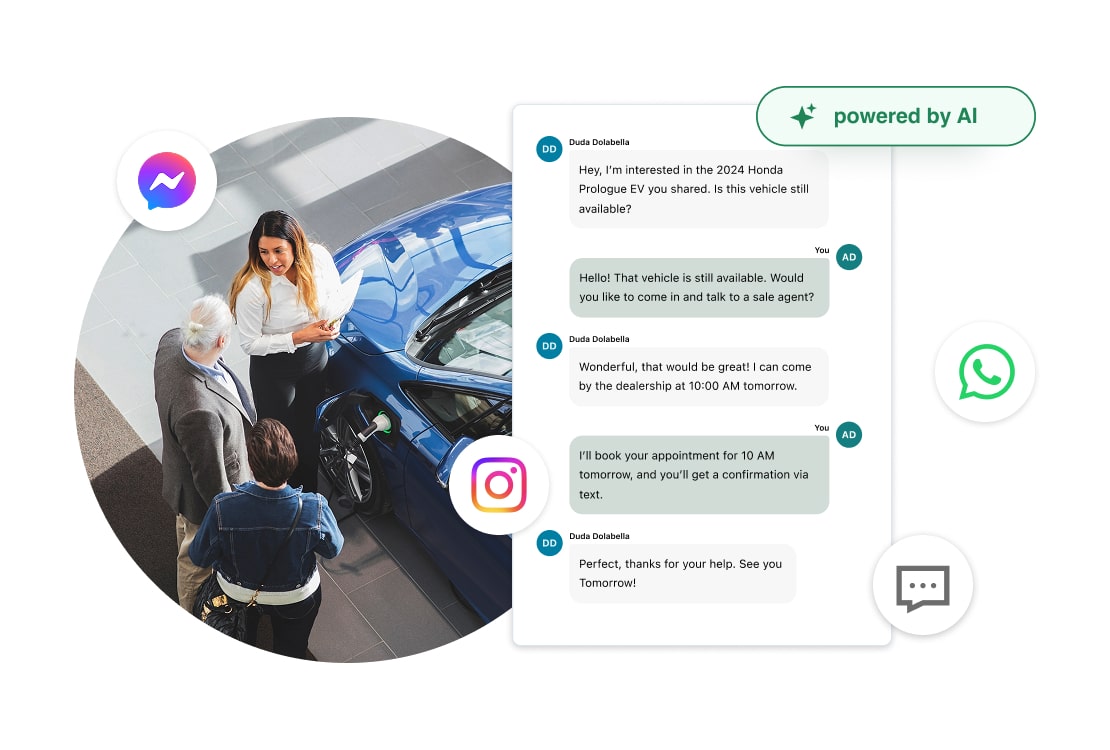 GoTo Connect ist eine All-in-one-Plattform, die für die Kommunikation im Automobilbereich entwickelt wurde. Sie bietet Konversationen zwischen Mitarbeitenden und Kunden, die in verschiedene Kommunikationskanäle integriert sind, darunter WhatsApp, soziale Netzwerke, SMS und Web-Chat.