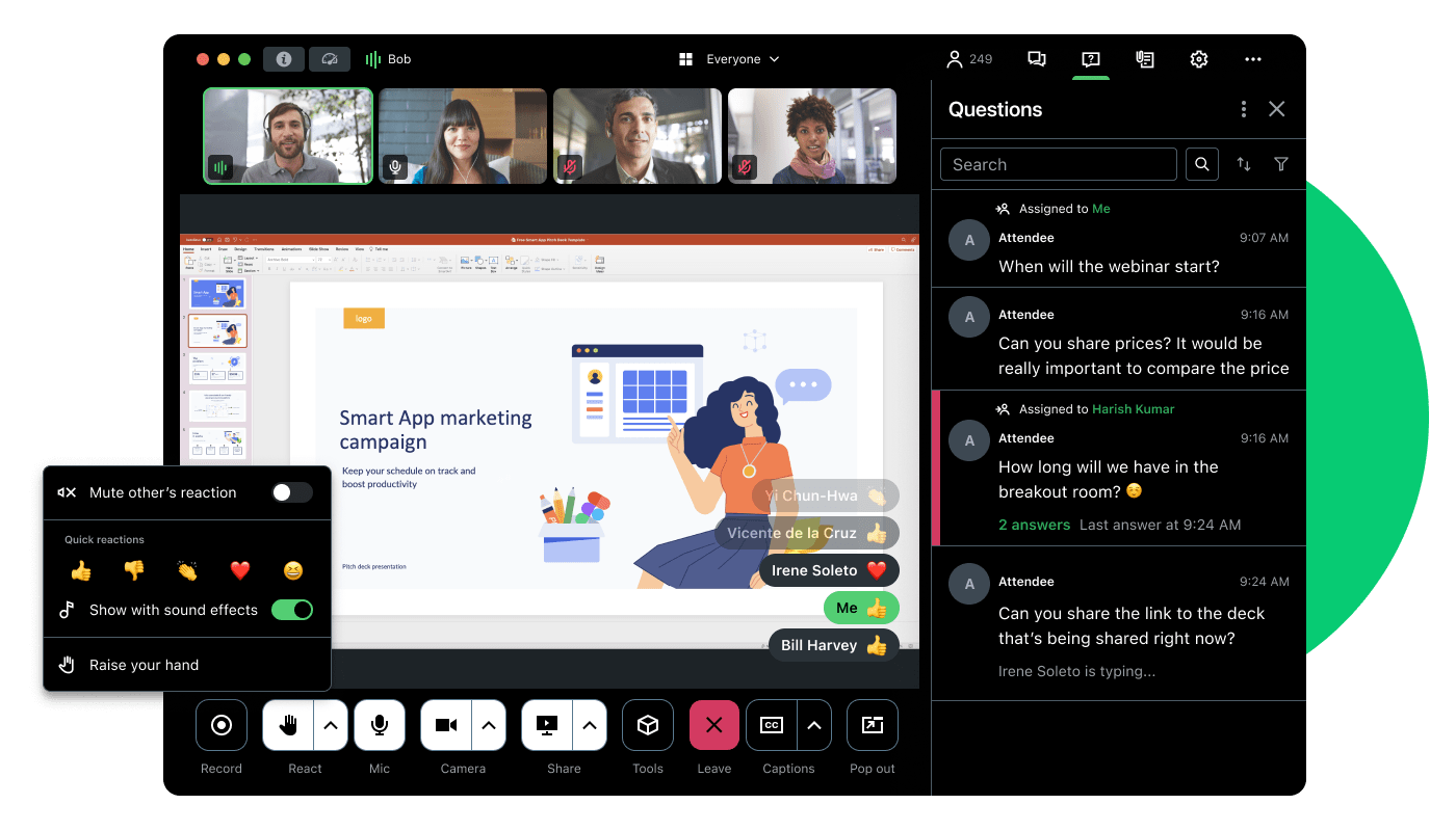 Oberfläche von GoTo Webinar mit Video-Miniaturansichten der Teilnehmer:innen, Live-Chat-Fragen und interaktiven Reaktionen.