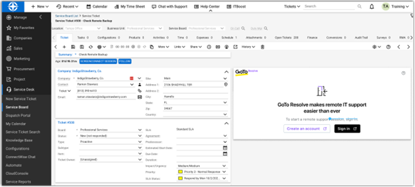 Screenshot of ConnectWise used with GoTo Resolve - sign in or create an account.