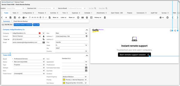 Screenshot of ConnectWise used with GoTo Resolve - start remote support session.