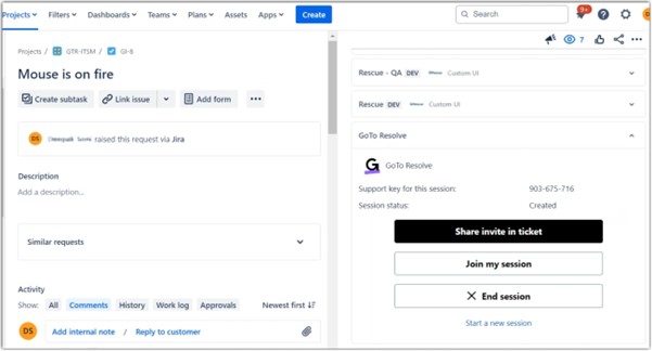 Screenshot von Jira, mit der GoTo-Resolve-App auf der rechten Seite