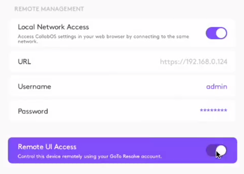 Logitech CollabOS device interface - Enable Remote UI Access image.