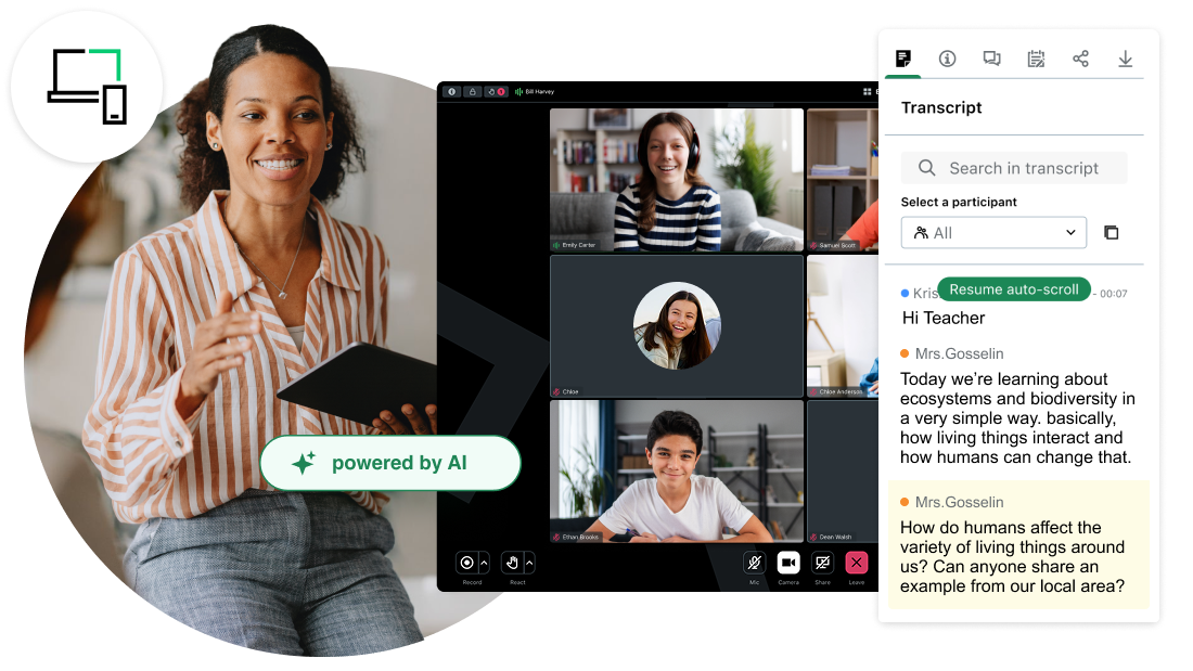Die Plattform von GoTo Connect für Bildungseinrichtungen zeigt eine Lehrerin, die ein virtuelles Klassenzimmer mit Schüler:innen leitet. Zu sehen sind ein interaktives Transkript und KI-gestützte Lerntools.