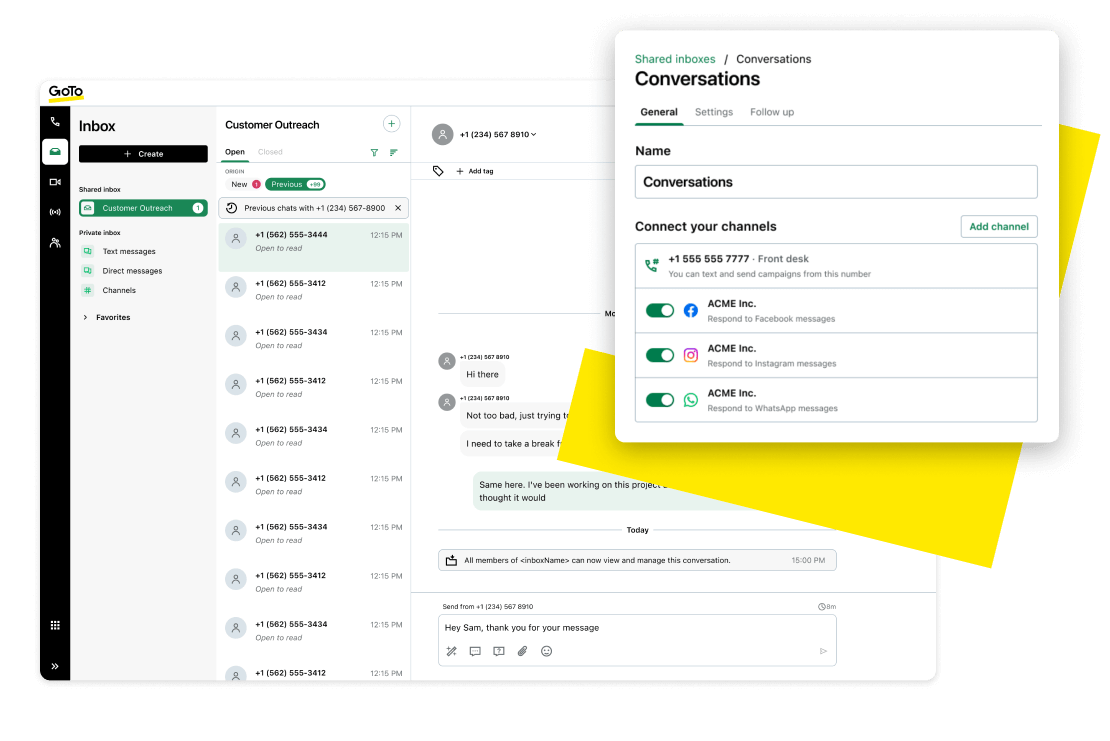 Chat-Oberfläche, die eine Unterhaltung zwischen Lehrer und Schüler anzeigt, integriert in Kommunikationskanäle wie WhatsApp, soziale Netzwerke und VoIP-Telefonate.