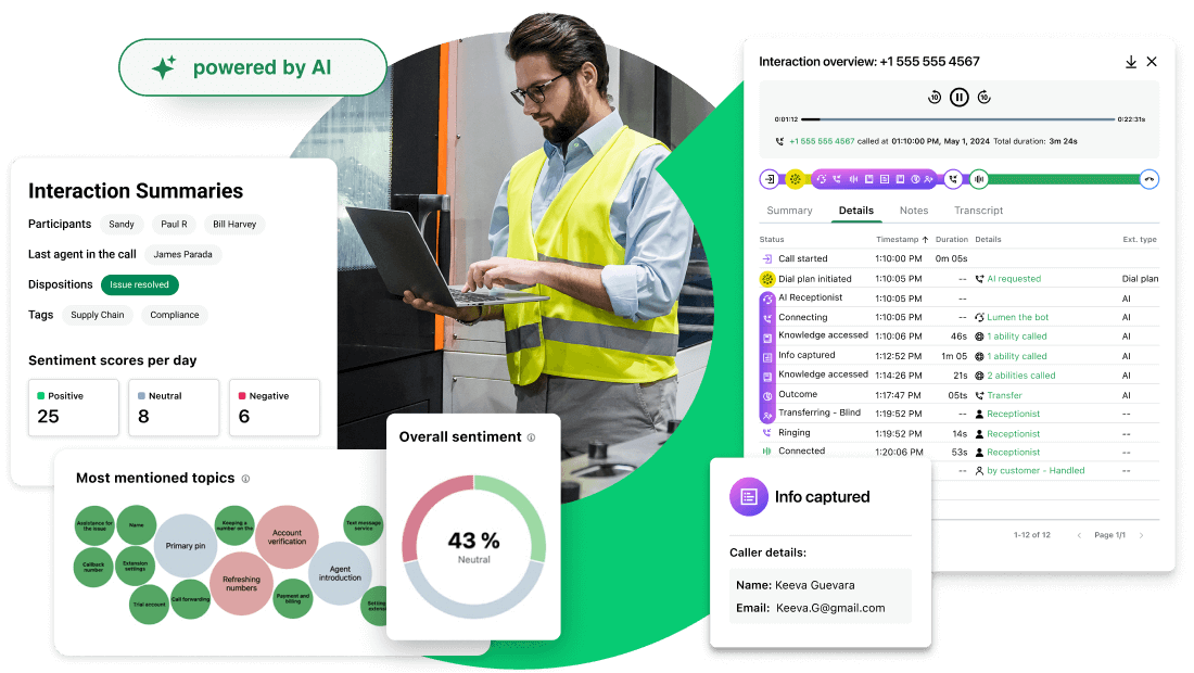 GoTo Connect is an all-in-one platform for communication and collaboration in manufacturing, featuring AI-powered interaction summaries, live video calls, and detailed transcripts.