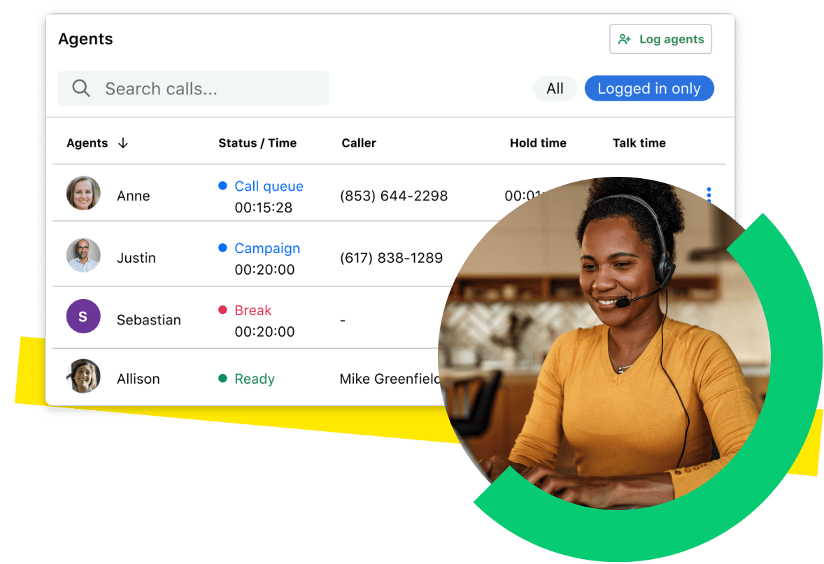 Eine Mitarbeiterin im technischen Support überprüft ihr Dashboard, auf dem eine Liste von Beratern mit dem aktuellen Status in der Warteschleife zu sehen ist (einschließlich der Information, ob sie angemeldet oder gerade in der Pause sind).