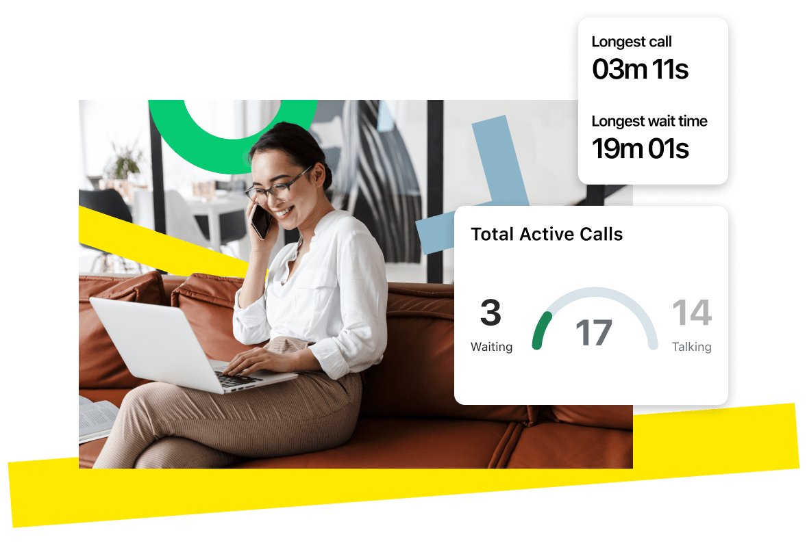 Eine Frau hat Spaß beim Telefonieren. Zu sehen ist, wie GoTo Connect aktive Anrufe und die durchschnittlichen Anrufstatistiken erfasst.