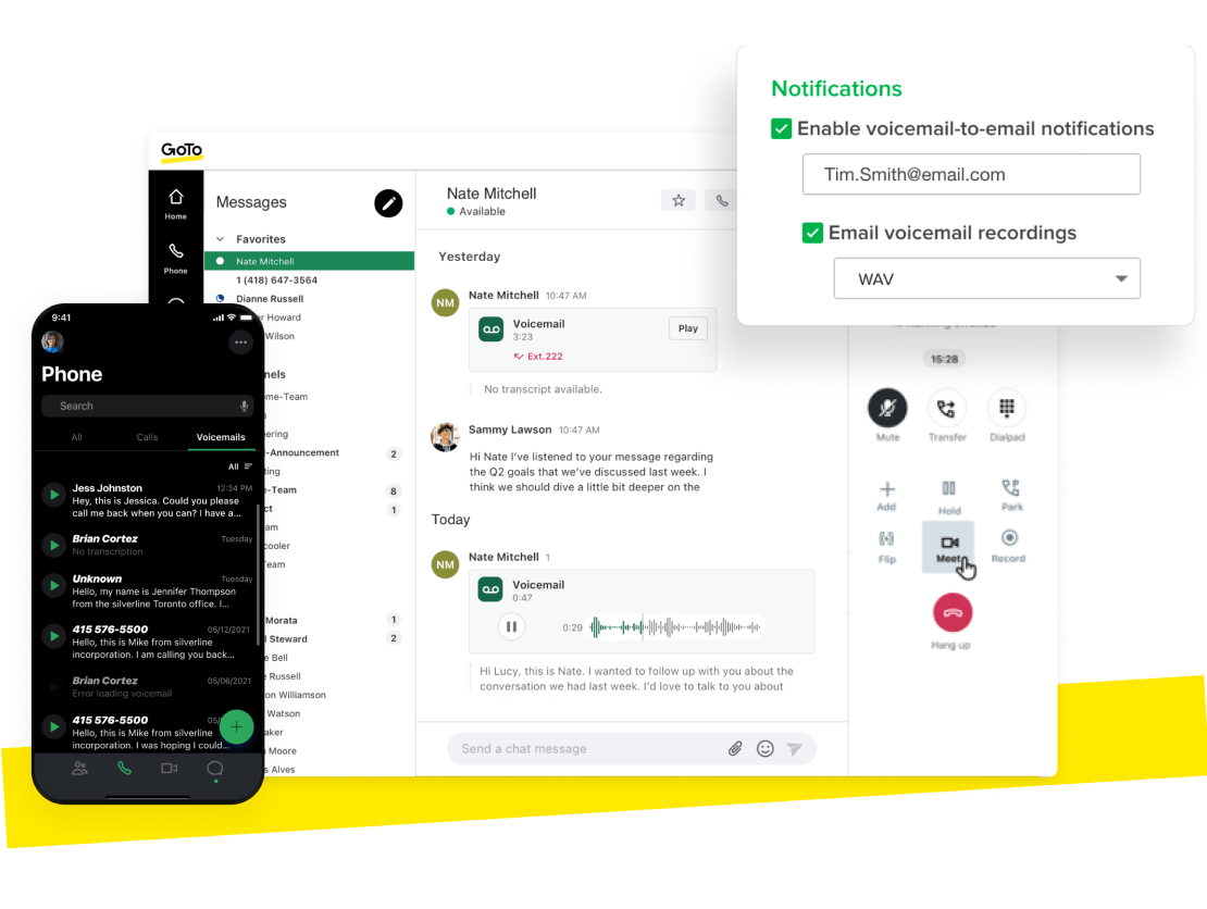 Collage des Voicemail-Posteingangs in GoTo Connect auf der Benutzeroberfläche für Computer und Mobilgeräte. 
