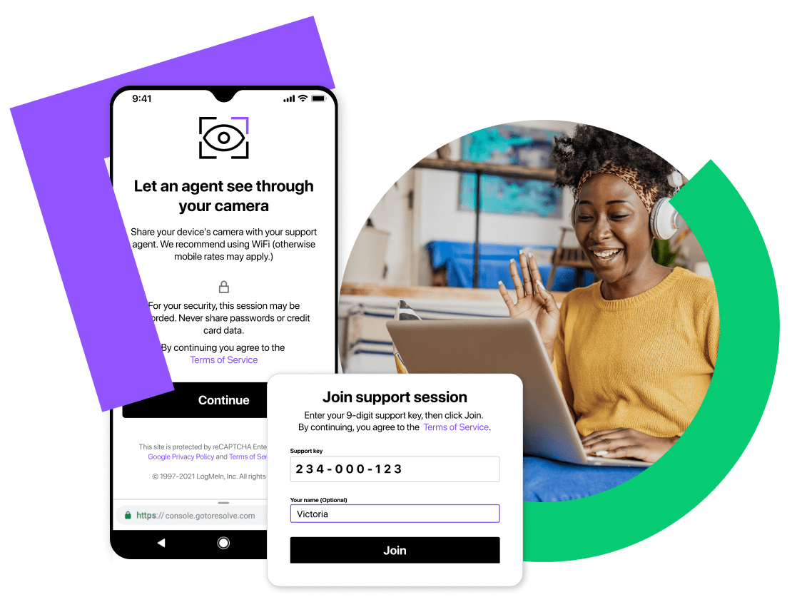 Eine Collage zeigt die Teilnahme an einer mobilen Tech-Supportsitzung mit den Sicherheitsoptionen, über die der Supporttechniker auf die Telefonkamera des Kunden zugreifen kann.