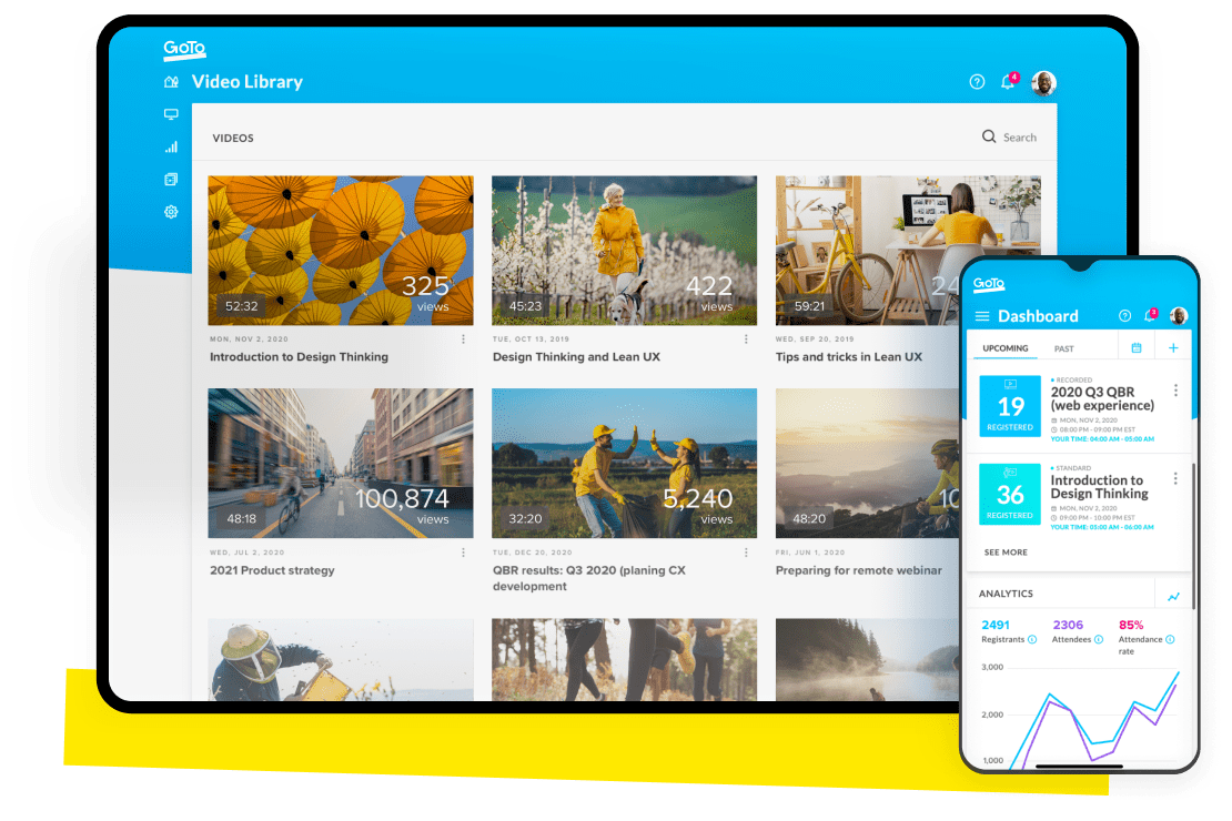 Benutzeroberfläche, die das GoTo-Webinar-Dashboard zeigt.