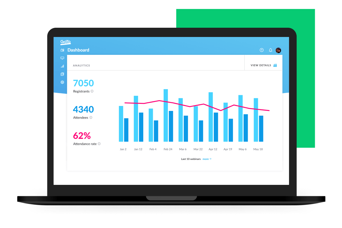 GoTo-Webinar-Videobibliothek und Administrator-Dashboard für bevorstehende Veranstaltungen.