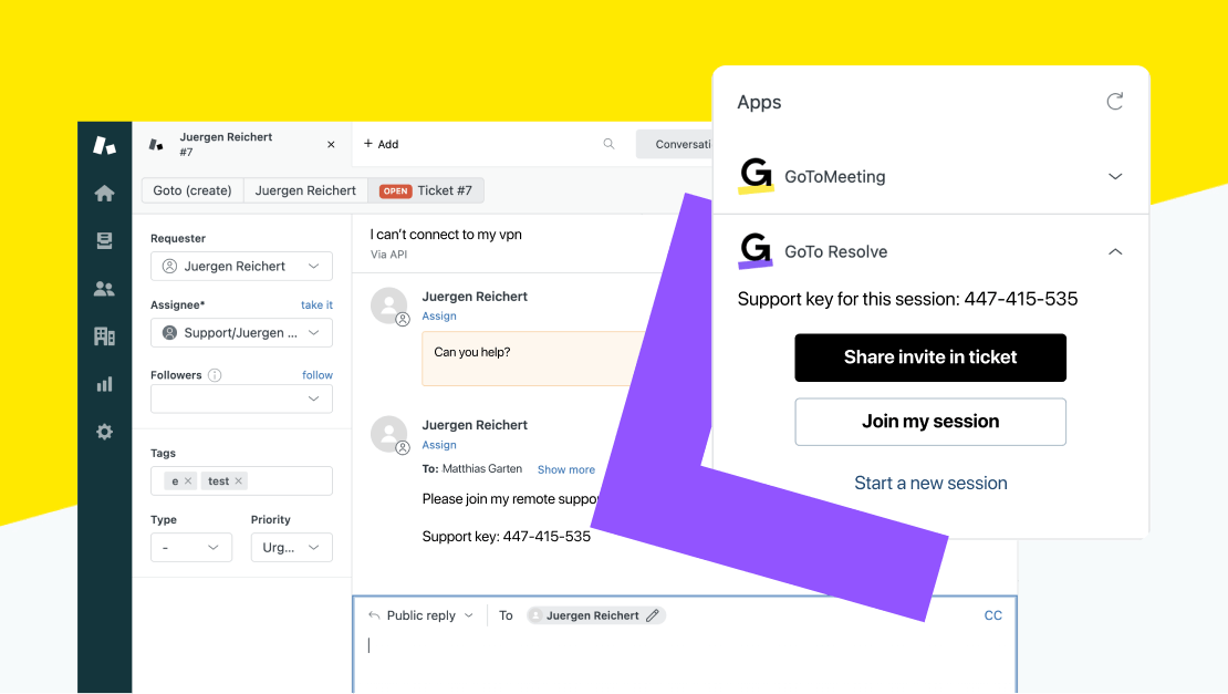 Bildschirme zeigen ein Zendesk-Ticket und die Option, eine GoTo Resolve-Sitzung für das Ticket zu eröffnen.