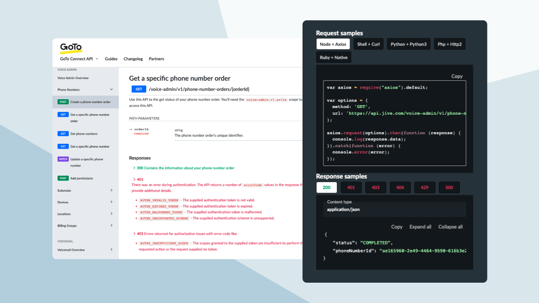 Bildschirme der API-Leitfäden in GoTo, die darlegen, wie sich eine bestimmte Nummernbestellung für eine Vielzahl von Programmiersprachen abrufen lässt.