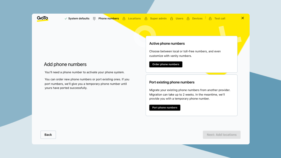Der neue Onboarding-Bildschirm in der GoTo-App zeigt die Optionen, neue Telefonnummern hinzuzufügen oder vorhandene Nummern zu portieren.