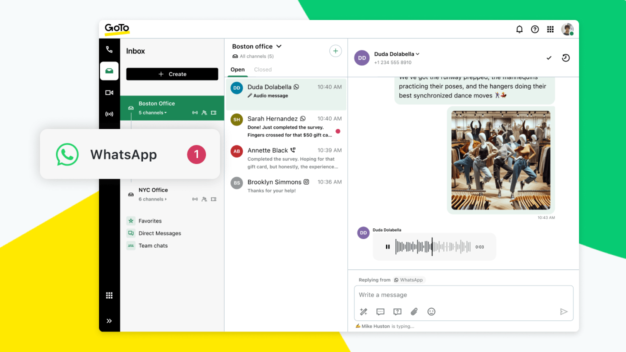 Dieser Screenshot zeigt WhatsApp, die neueste Integration in unserem Multi-Channel-Produktangebot. Hiermit sprechen Sie Kund:innen auf der weltweit beliebtesten Messaging-Plattform an.