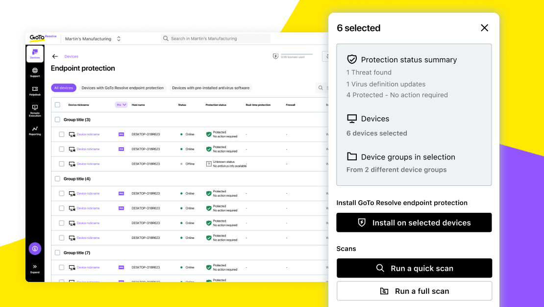 Endgeräteschutz und Schutzstatusübersicht in GoTo Resolve mit Optionen zum Starten einer Schnellüberprüfung oder einer vollständigen Überprüfung