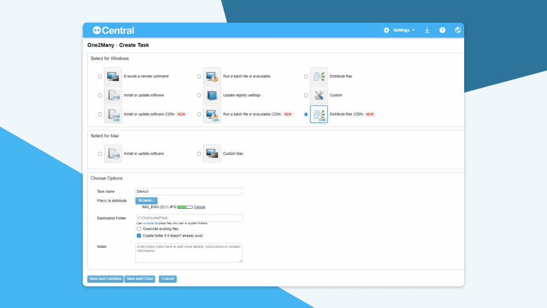 Erstellung von One2Many-Aufgaben in Central.