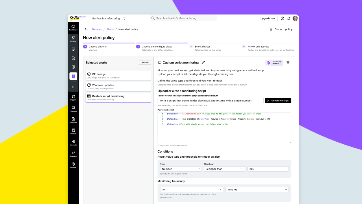 Bildschirm, auf dem zu sehen ist, wie mithilfe der KI-Anleitung in GoTo Resolve ein individuelles Überwachungsskript erstellt wird.