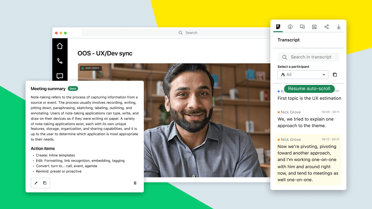 Screenshots, die eine GoTo Meeting-Videokonferenz mit einer KI-generierten Transkription und einer KI-generierten Meetingzusammenfasung zeigen.