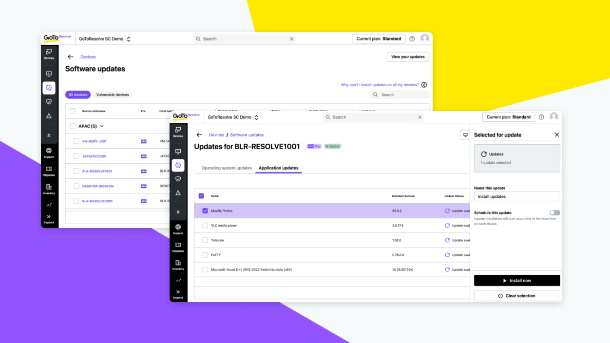 Bildschirme zeigen die Updates der GoTo Resolve-Verwaltungssoftware für mehrere Geräte.