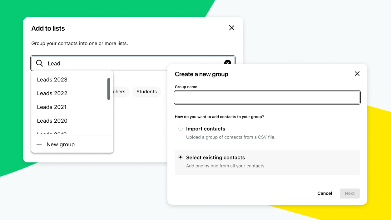 Bildschirme zeigen den Vorgang der Auswahl bzw. des Imports von Kontakten in neue Gruppen.