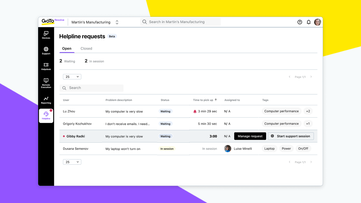 Bildschirm zeigt die Seite mit Helpline-Anfragen mit Problembeschreibungen und -status.