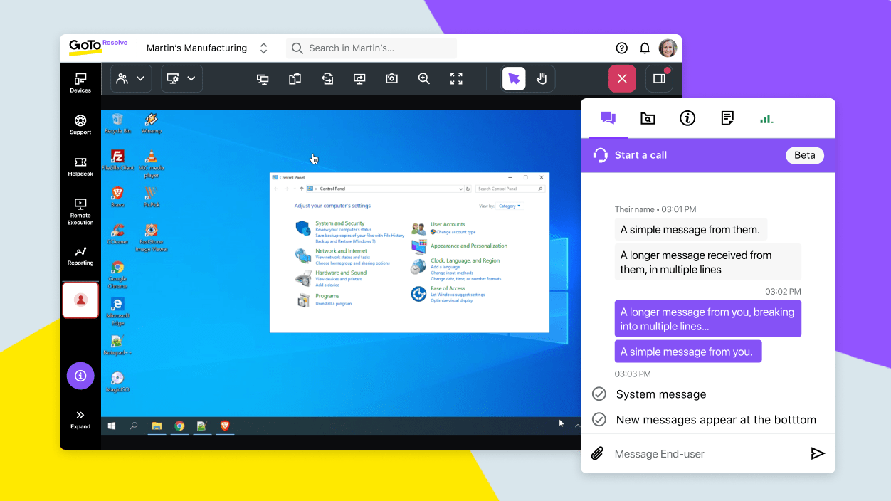 Bildschirme zeigen einen Sprachanruf, der während einer Supportsitzung getätigt wird.