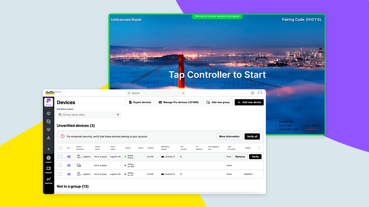 Bildschirme zeigen die GoTo Resolve-Geräteliste und einen Raumbildschirm, der per Remotezugriff aufgerufen wird.
