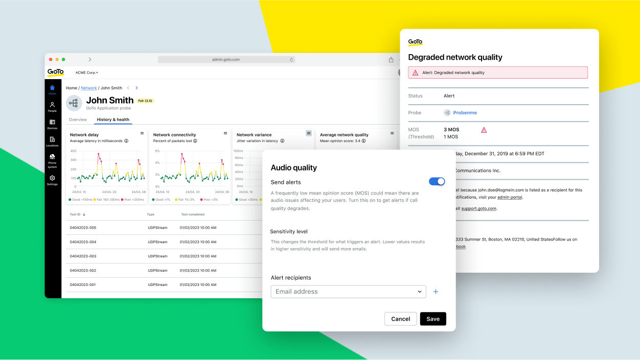 Bildschirme zeigen die Überwachung des Netzwerkzustands, einschließlich Warnmeldungen zur Audioqualität und bei schlechter Netzwerkverbindung.
